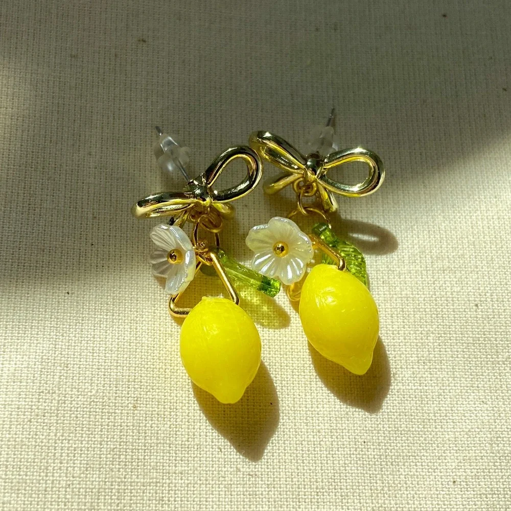 Lemon Fruit Flower‎ Blossom Gold Tone Bow Dangle Drop Earrings - Picture 6 of 10